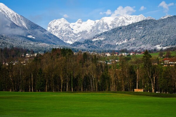 The forest green glade is covered with snowy mountains