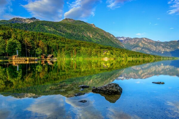 Landscape of a calm lake at the foot of the mountain