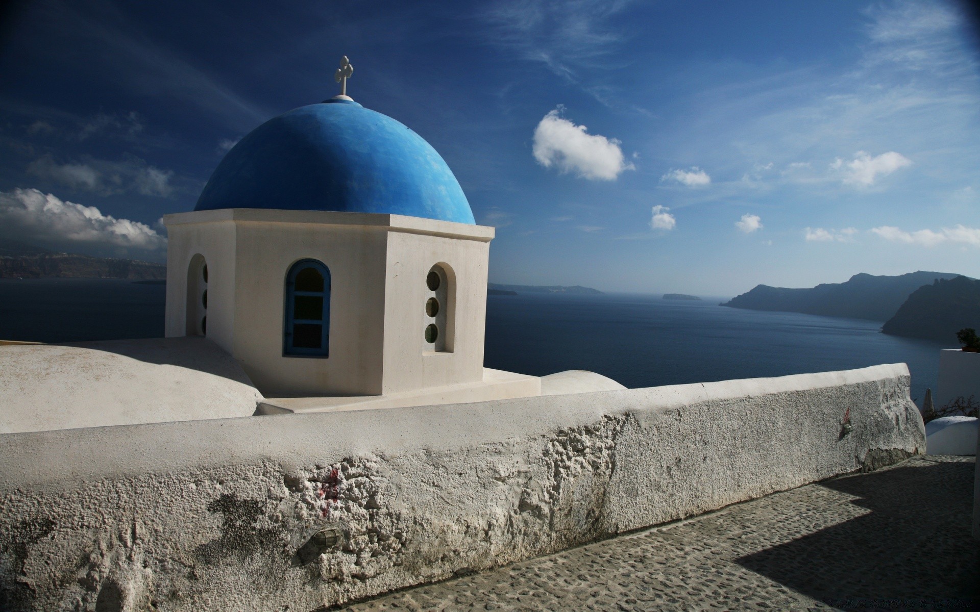 europe architecture travel sky outdoors religion church sea caldera water