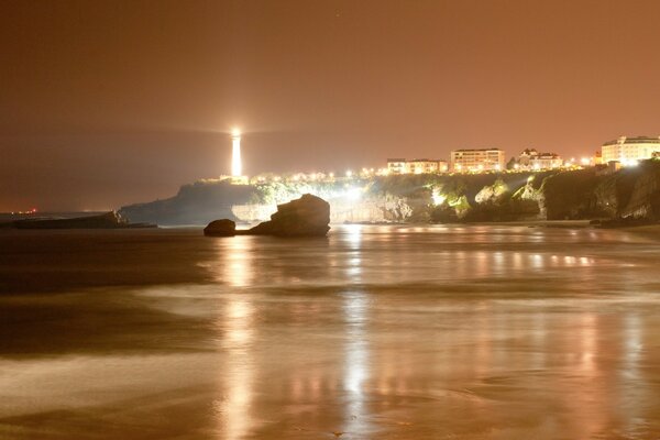 View of the city lights from the seashore