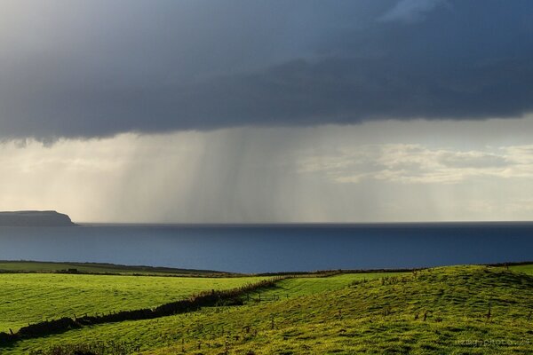 Landscape of a green meadow and clouds from which it rains