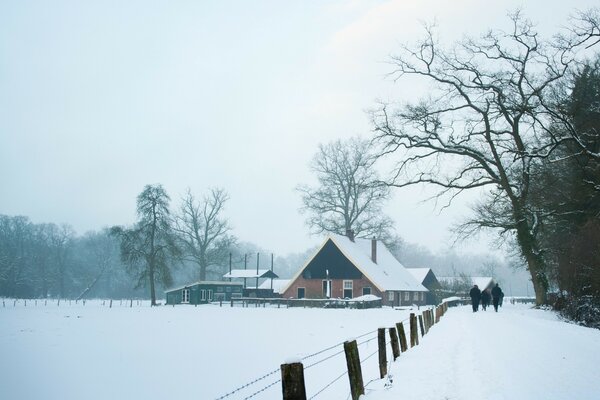 Winter verschneite Landschaft mit Haus und Bäumen