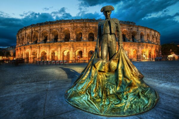 Sculpture of a bullfighter on a square in Europe