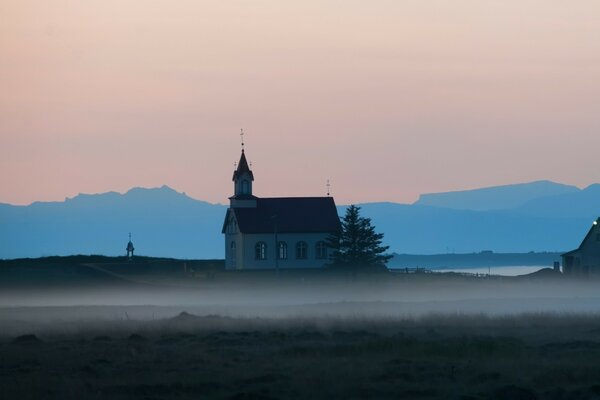 Beautiful dawn in the fog