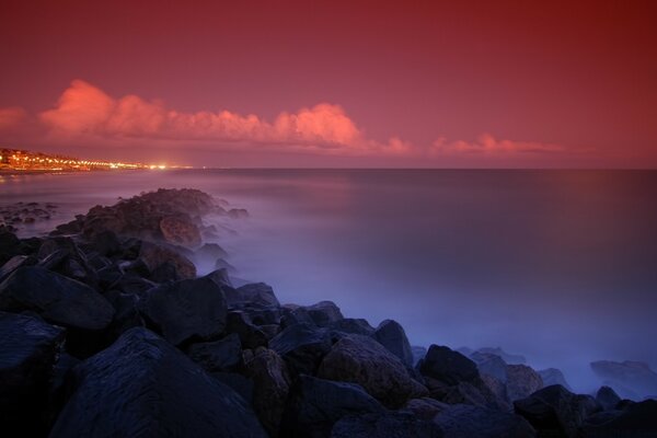 Stone seashore at dawn