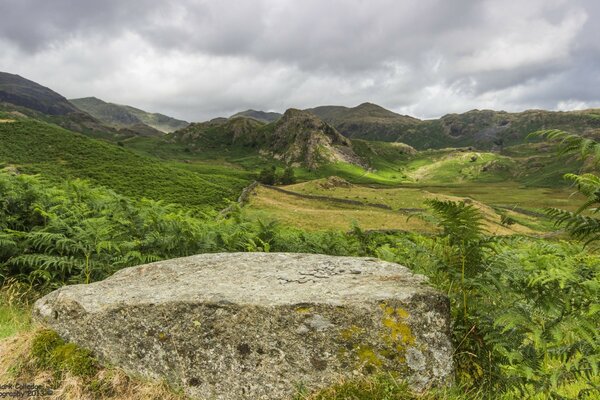 Naturaleza montañosa bajo nubes de plomo