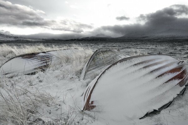 Winter landscape of a frozen lake