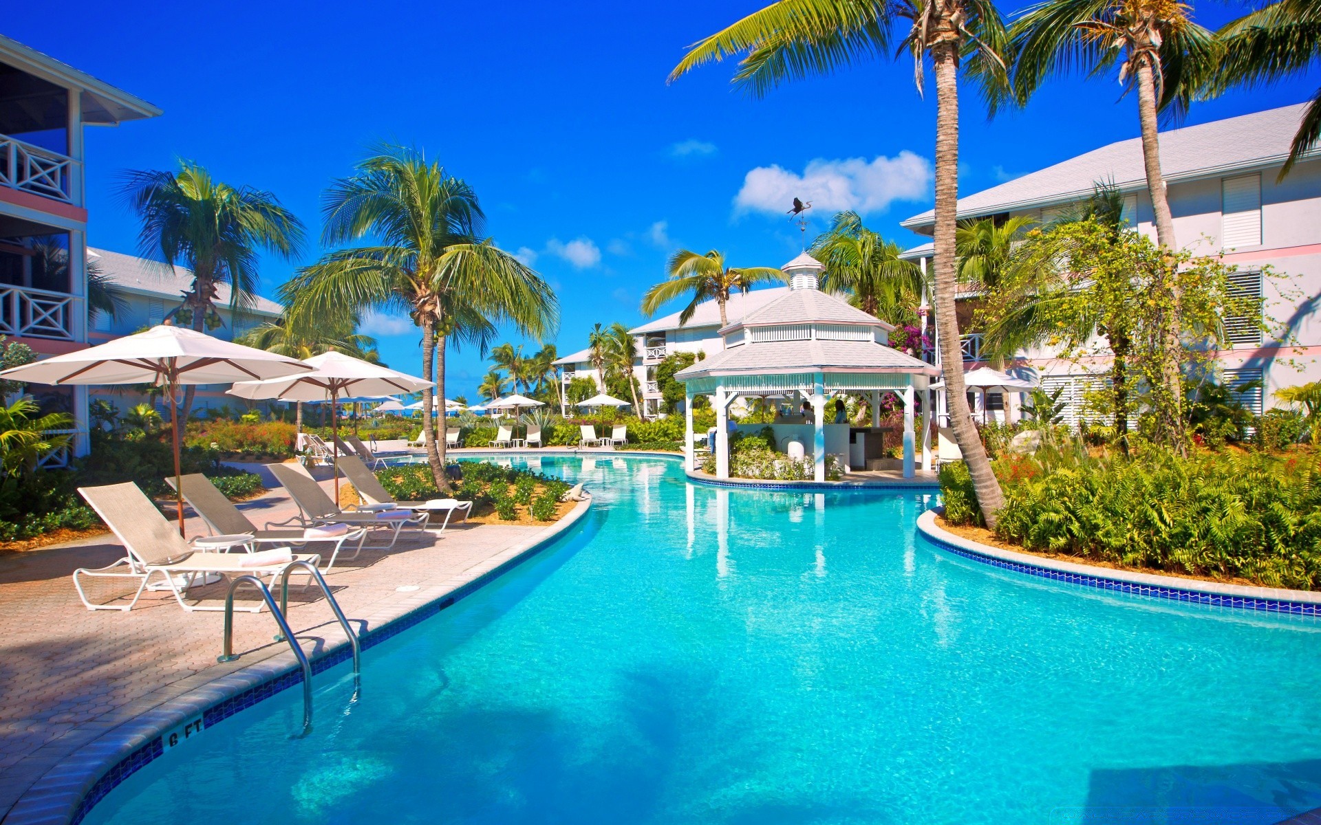 islands resort pool hotel swimming luxury tropical poolside swimming pool palm vacation leisure exotic relaxation chair paradise beach water travel villa summer