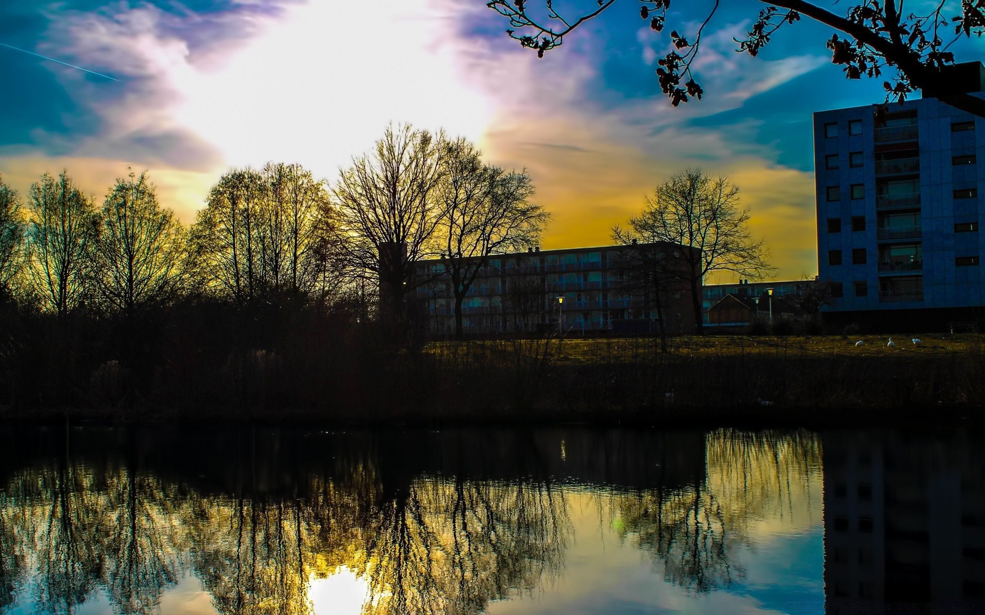 europa reflexion wasser see baum fluss dämmerung landschaft sonnenuntergang licht abend natur himmel holz im freien brücke