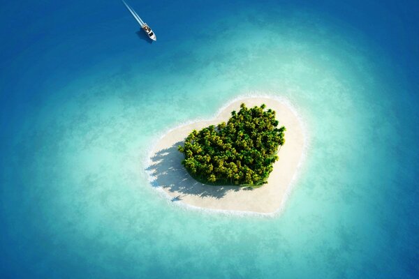 दिल के आकार के उष्णकटिबंधीय द्वीप का हवाई दृश्य