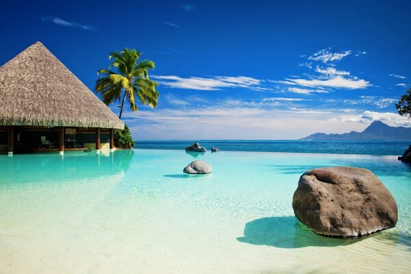 Clear emerald water near the bungalow