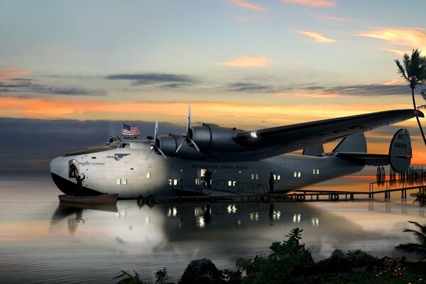 Avião majestoso perto de uma ilha tranquila