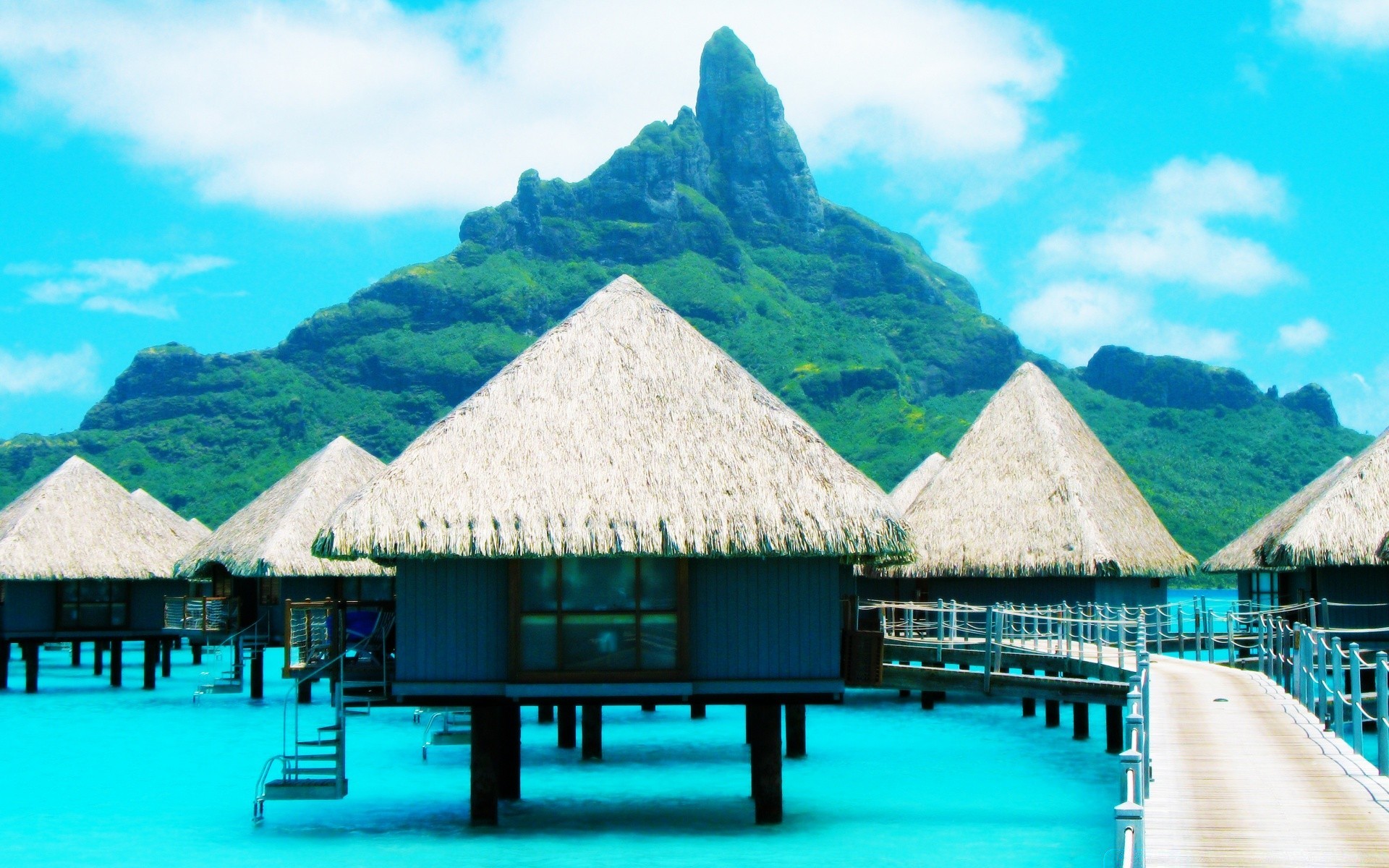 islands travel water bungalow hut tourism vacation resort tropical summer idyllic landscape wood sky nature mountain ocean cloud island exotic