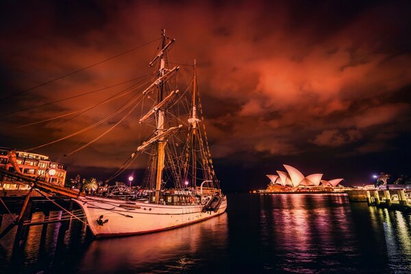 Ships docked in Australia at midnight