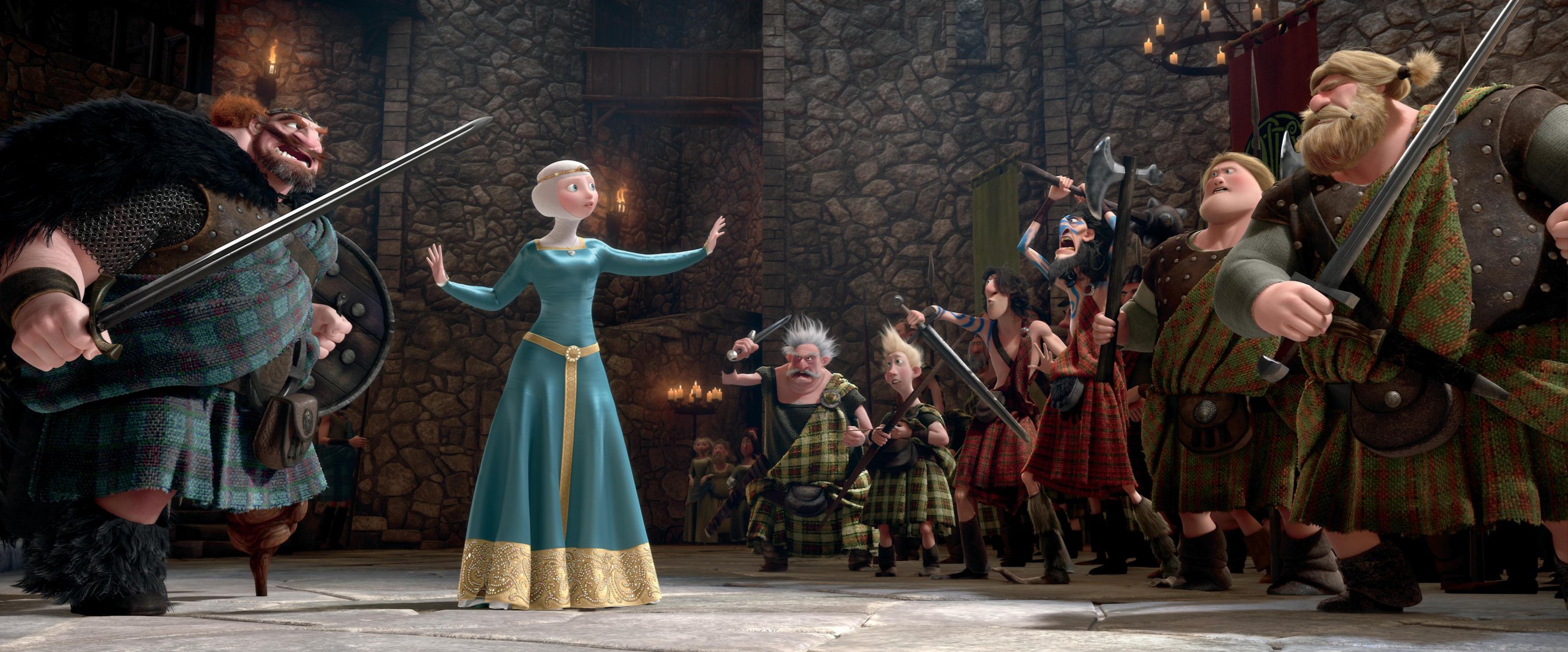 фильм дисней pixar шотландия король королева принцесса варвары мерида красные волосы храбрая сердцем мультфильм пиксар лучница воины шотландцы замок свечи собрание