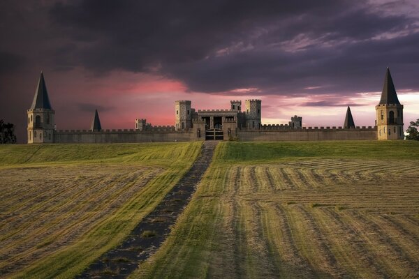 Gran castillo en la noche cerca del campo