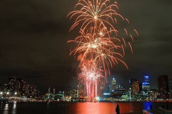 Beautiful fireworks in the evening city delight