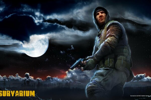 Survarium, солдат с оружием на фоне лунного ночного неба