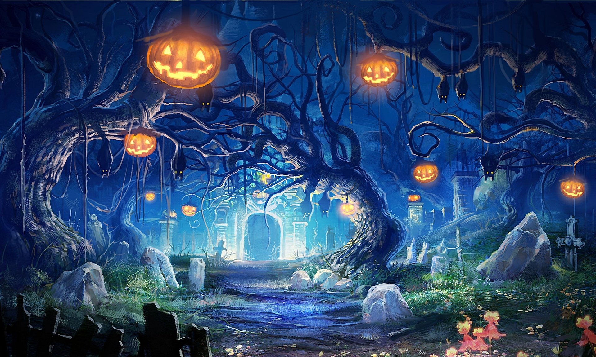 helloween арт тыквы кладбище летучие мыши ночь огни могилы склеп камни деревья