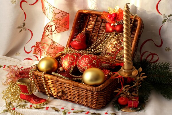 Корзинка с ёлочными игрушками и лентами